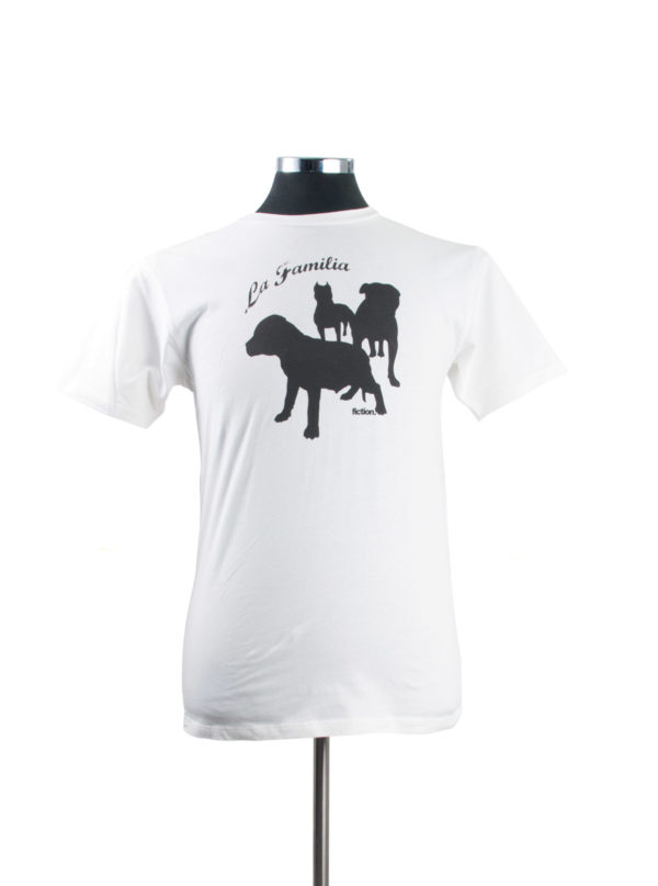 Fiction Apparel White, Black Cotton La Familia T Shirt | SKU 752.25.50.08. APT57.com