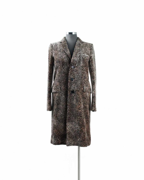 St Laurent Beige, Tan, Black, Cotton/Viscose, Ocelot Chesterfield Mini Leopard Coat Sz 38