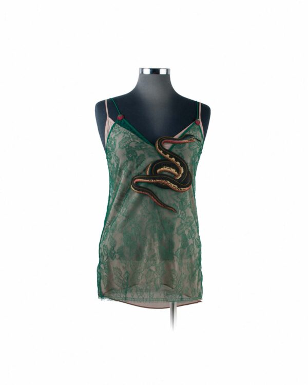 Gucci Green Lace Snake Print w NudeSlip Camisole Sz 40